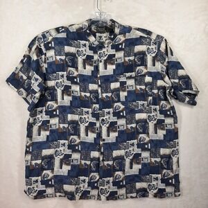 Personal Choice Mens 2XL‎ Blue Silk Abstract Geometric Grandpacore Button Shirt